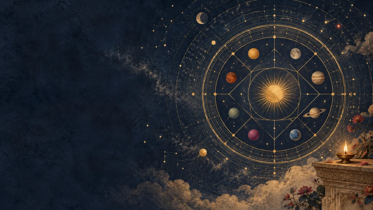 Traditional Jyotish chart imagery illuminated by warm candlelight