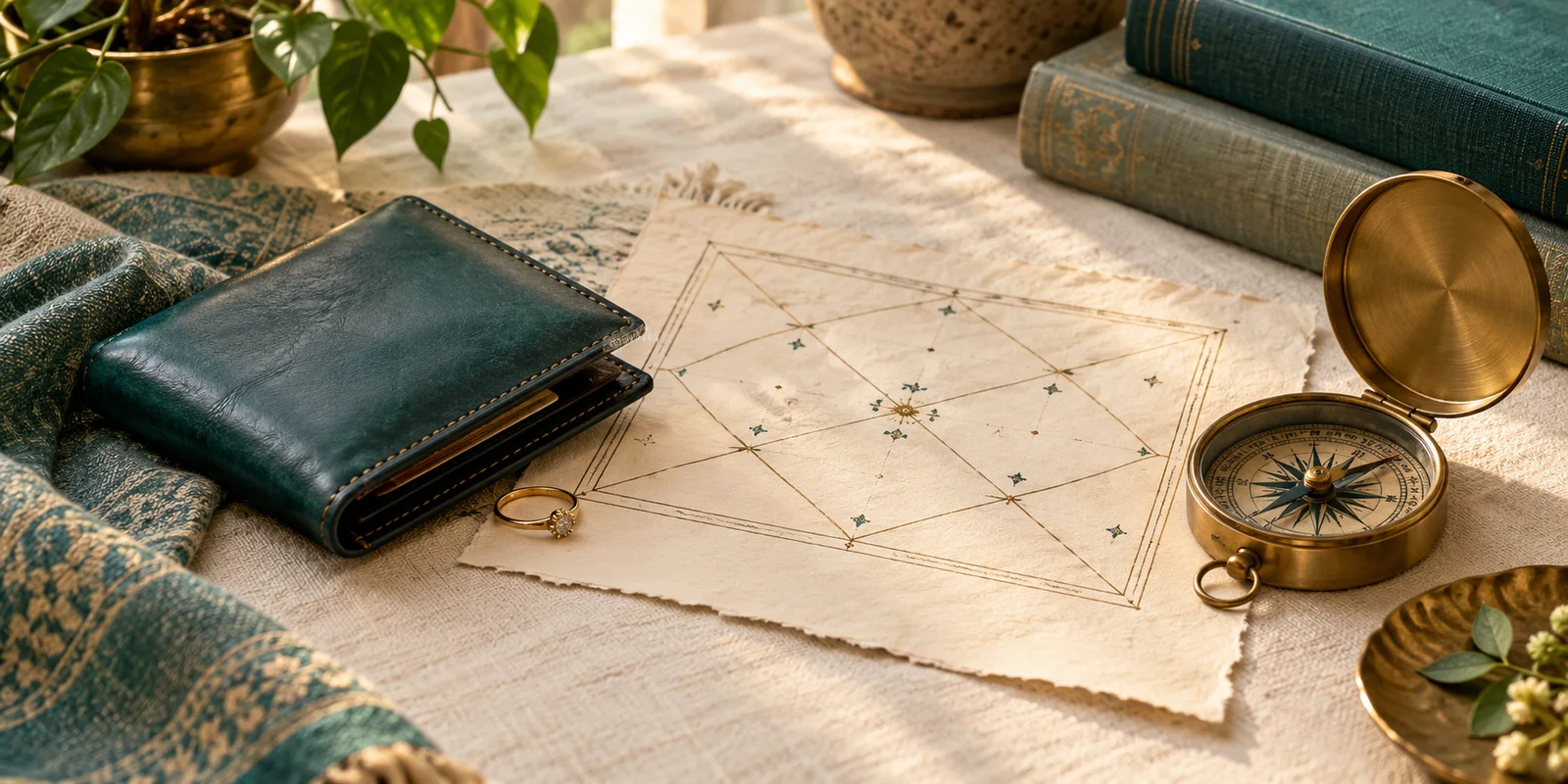 A wallet and ring beside a Prashna astrology chart