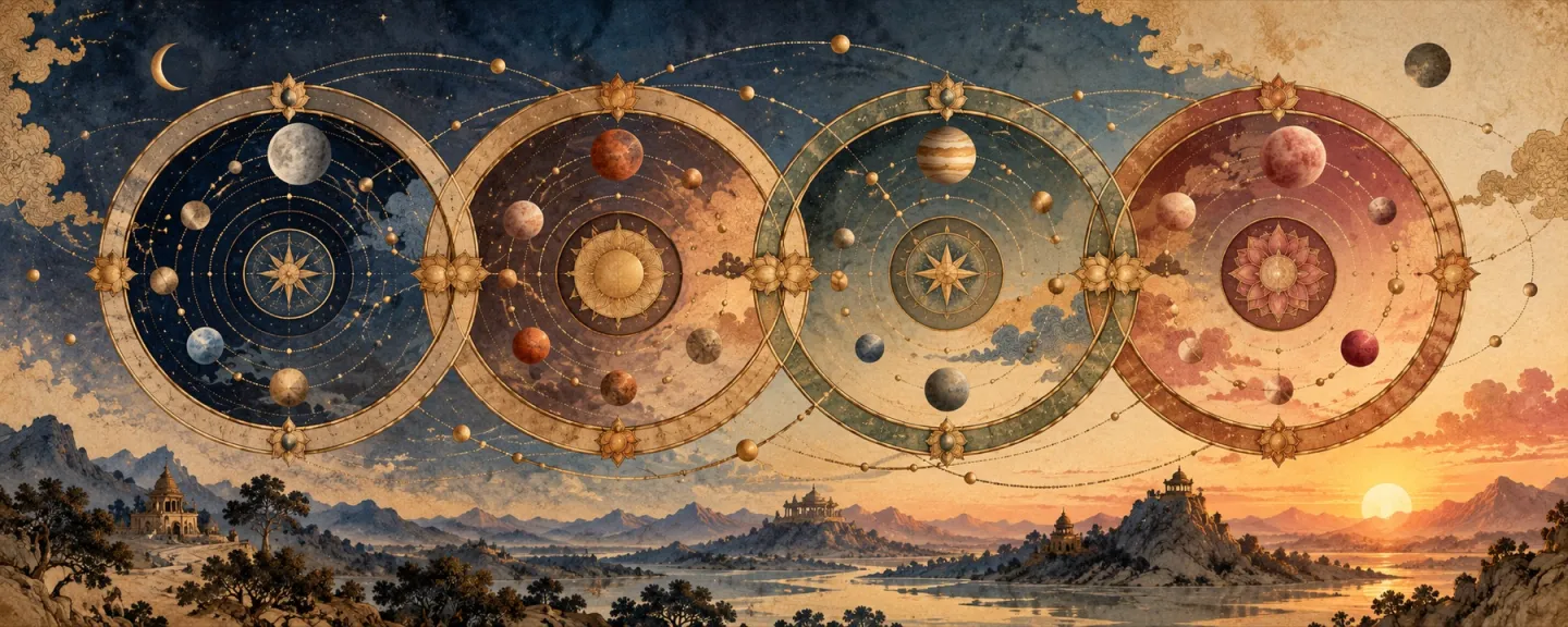 Four interconnected celestial cycles moving from night toward dawn