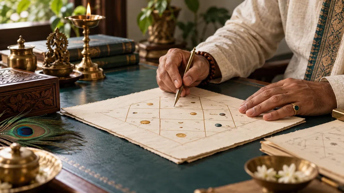 An astrologer personally reviewing a traditional Vedic astrology chart by hand