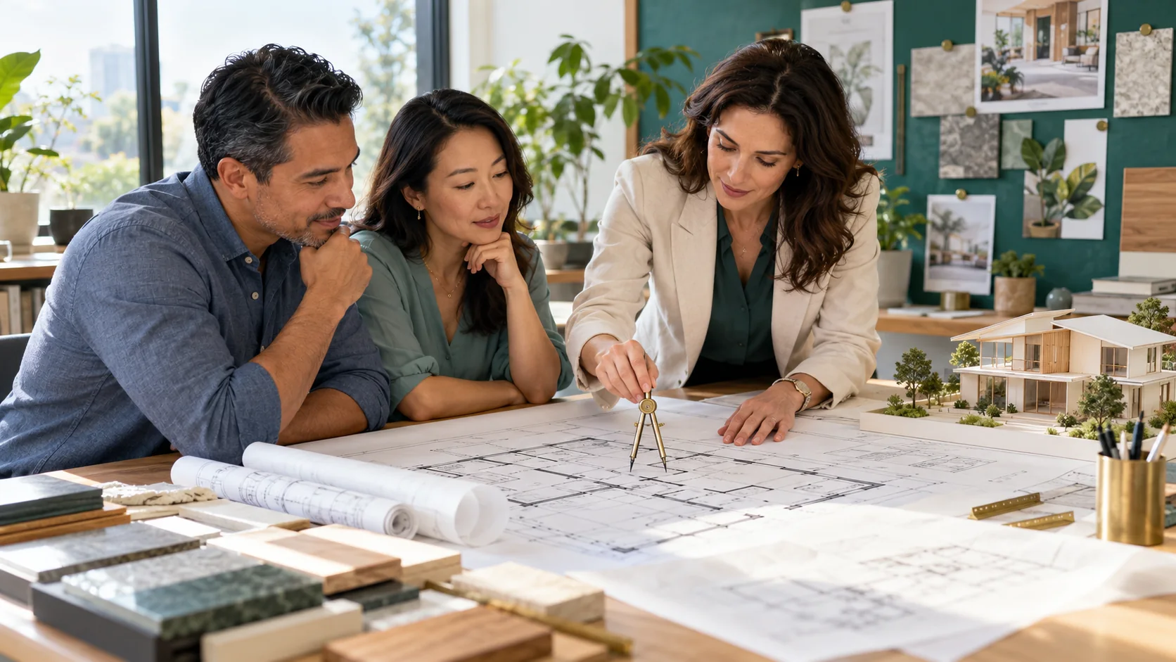 People reviewing a residential floor plan before construction